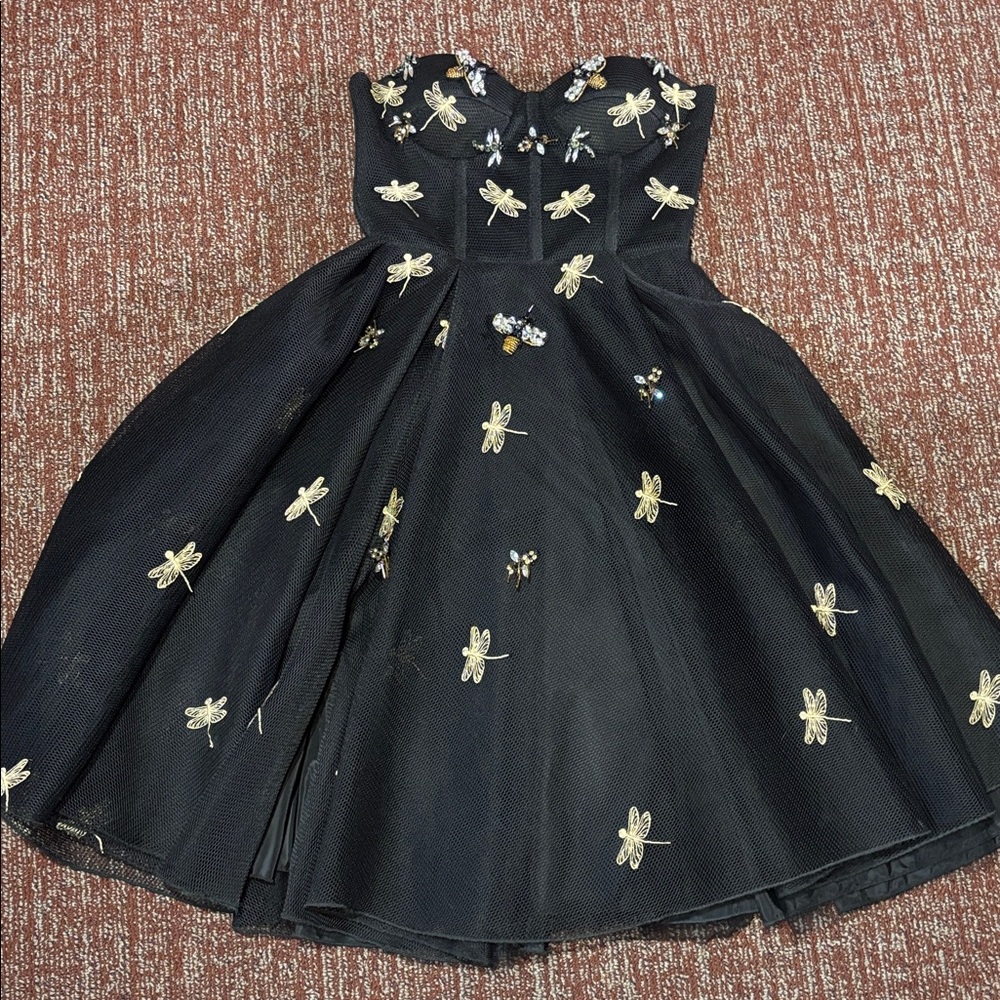 Teuta Matoshi custom Crystal embellished bee dragonfly black mesh mini dress XS